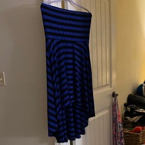 Studio Y High-Low Striped Strapless Dress in Blue and Black